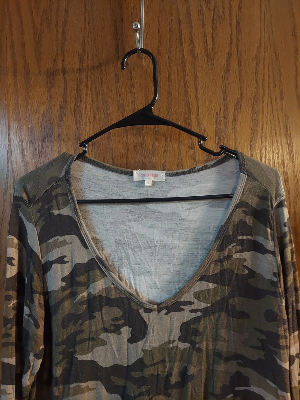 Stella Tweed Camo Long Sleeve V-Neck Top Green Brown Camouflage 1X